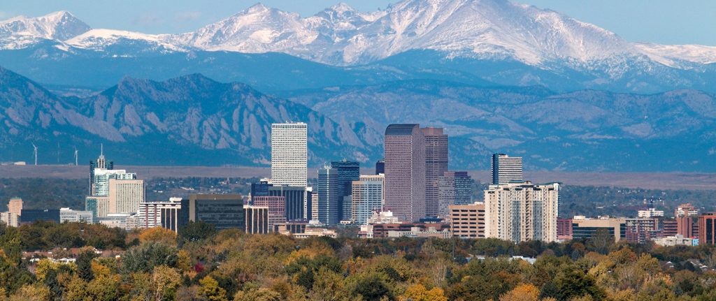 Downtown Denver with mountains in background