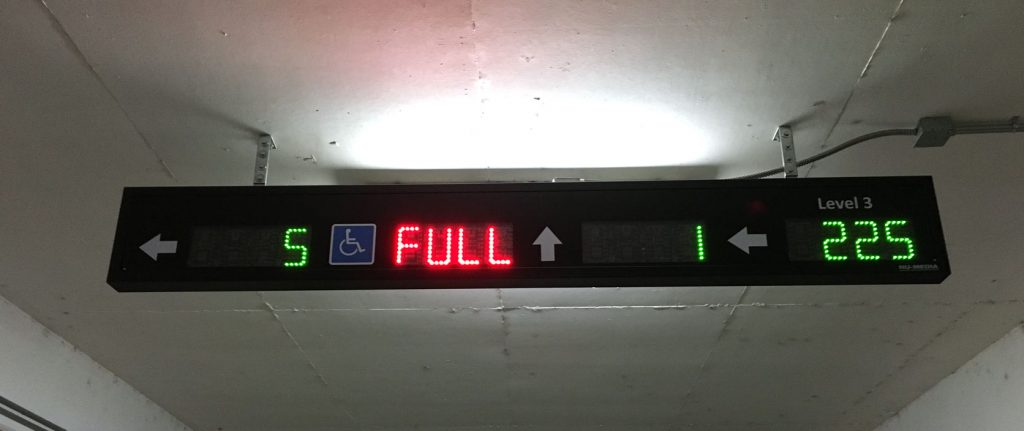 An automated parking guidance system display sign showing available spaces on each level