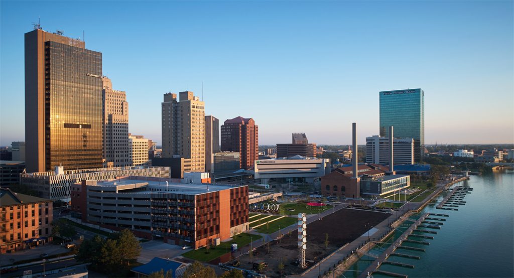 ProMedica HQ parking structure and downtown Toledo skyline