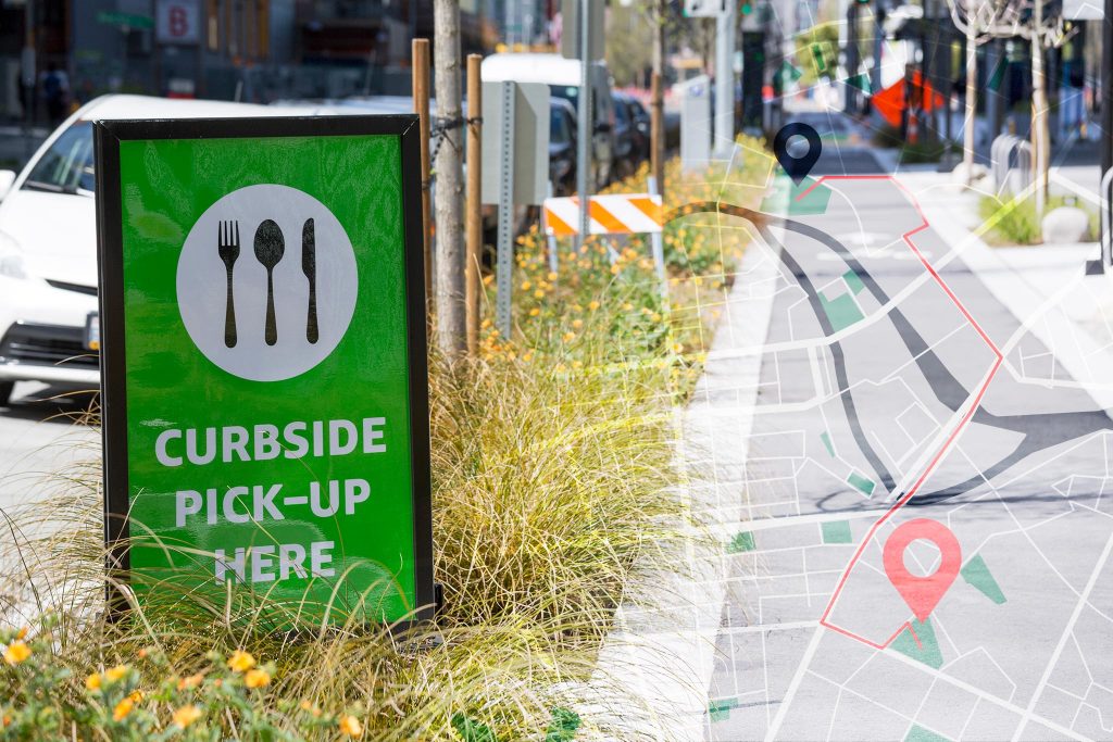 Photo illustration of curbside pickup in city with roadmap element