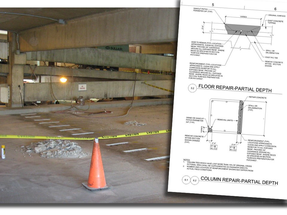 Parking garage repair with repair document overlaid