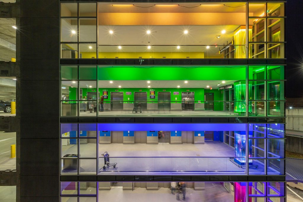 Detail of elevator lobby with different colors for each floor