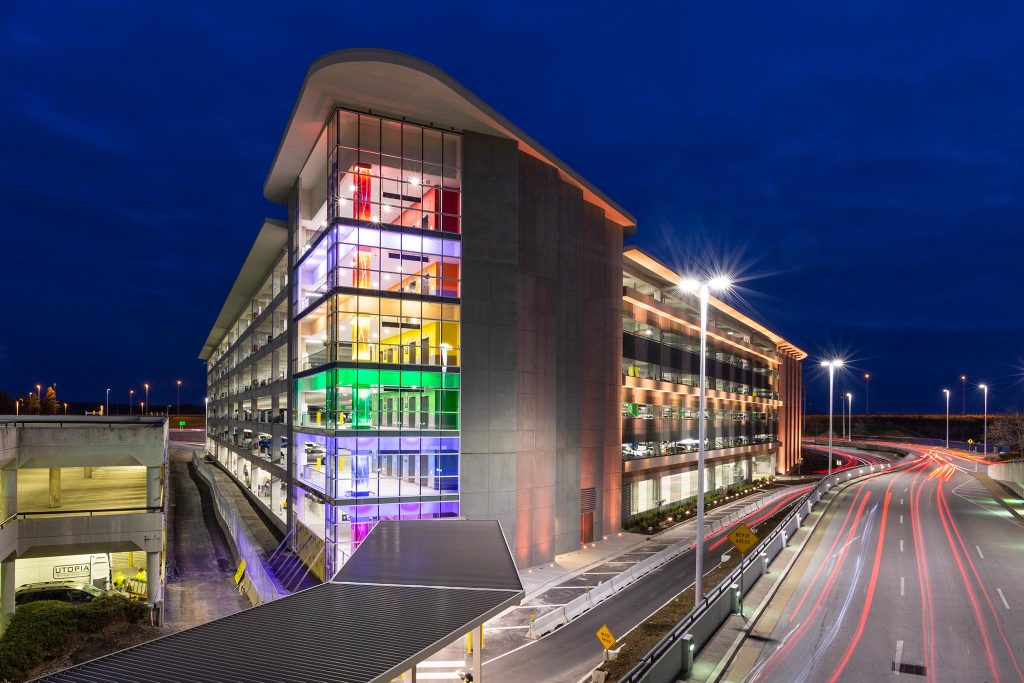 Nashville International Airport Terminal Garage exterior at night