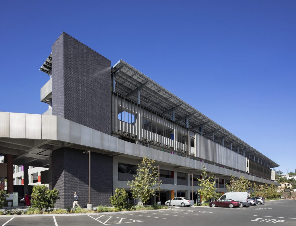 CSU LA Parking Structure E seen from the adjacent parking lot