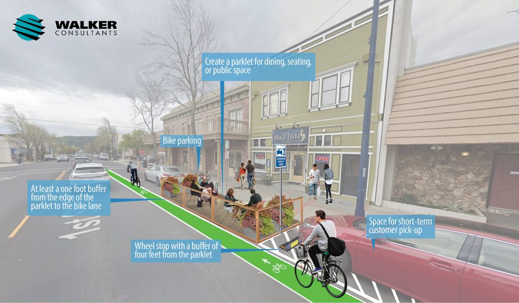 Rendering of a streetscape in Benicia with a bike lane and parklet