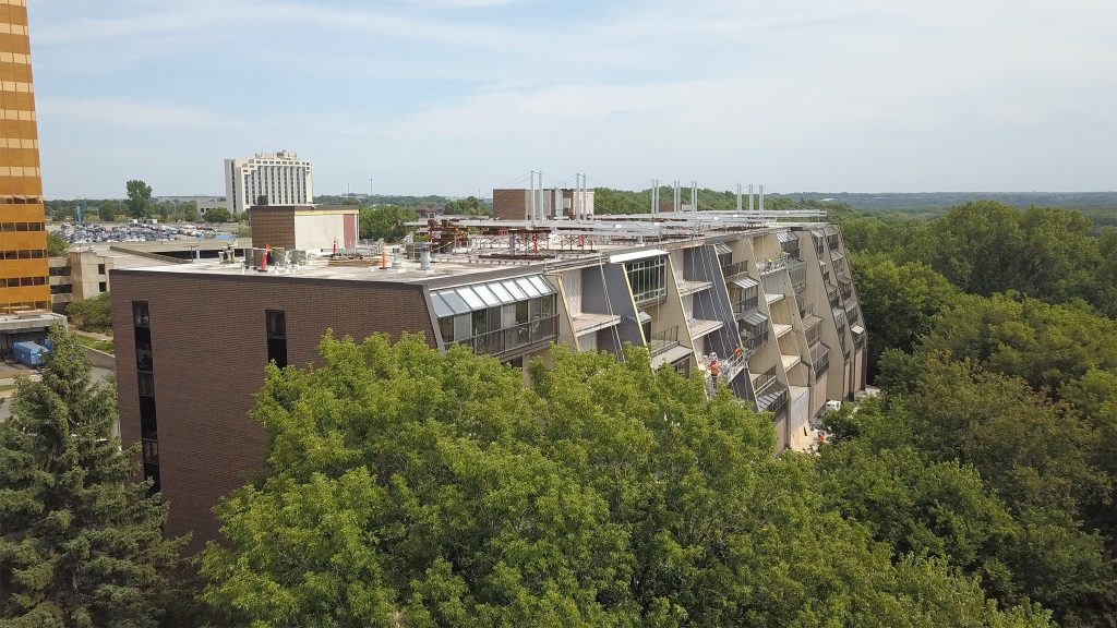 Aerial view of facade restoration underway at Appletree Square Condos