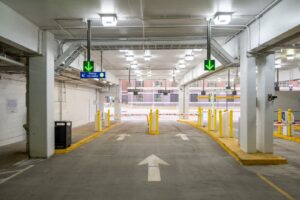 Entry/exit lanes seen from inside one of the Lansing ramps, with upgraded PARCS technology