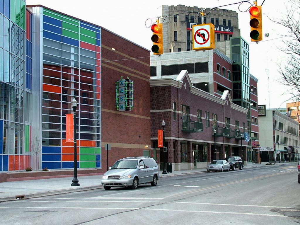 Street level view of Kalamazoo Ramp 3 with cinema