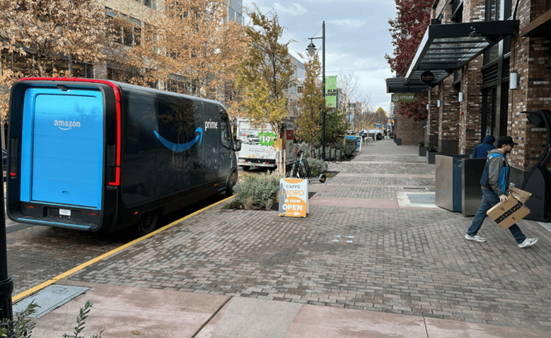 An Amazon electric delivery vehicle in a Seattle neighborhood